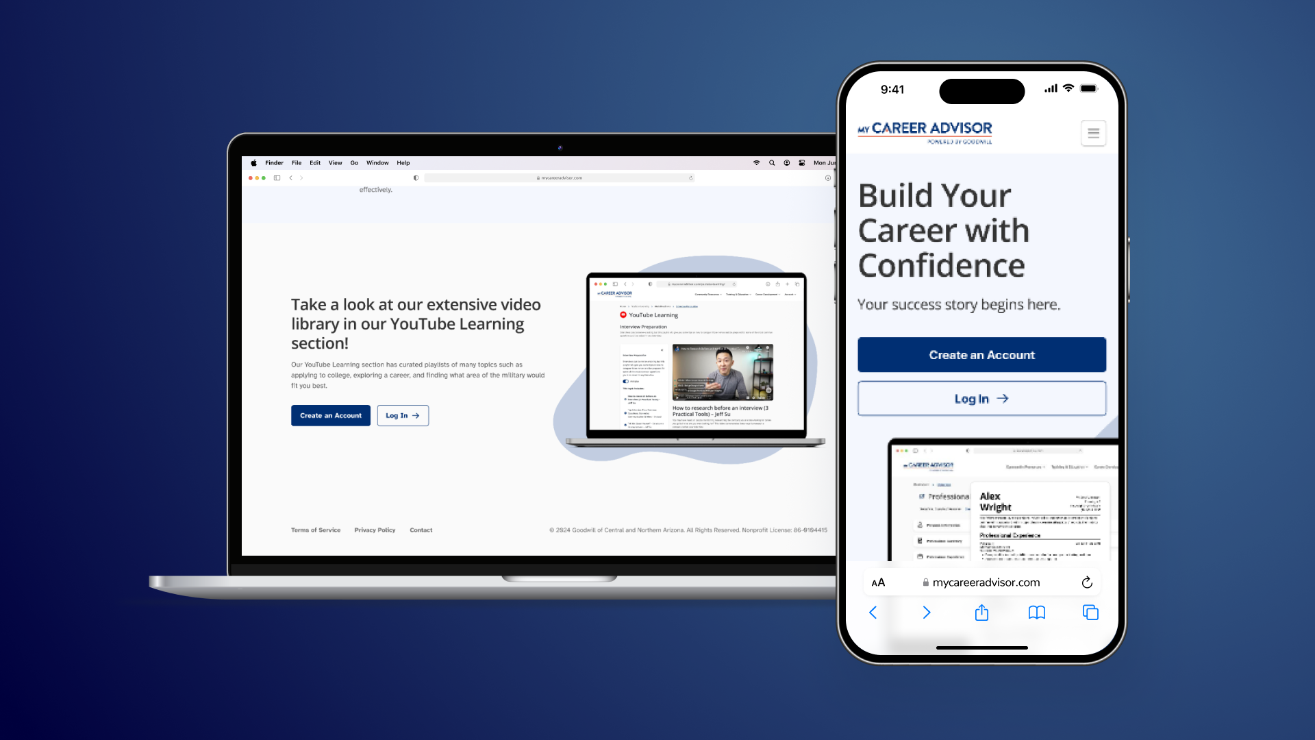 A desktop and mobile mockup of the home page for My Career Advisor.