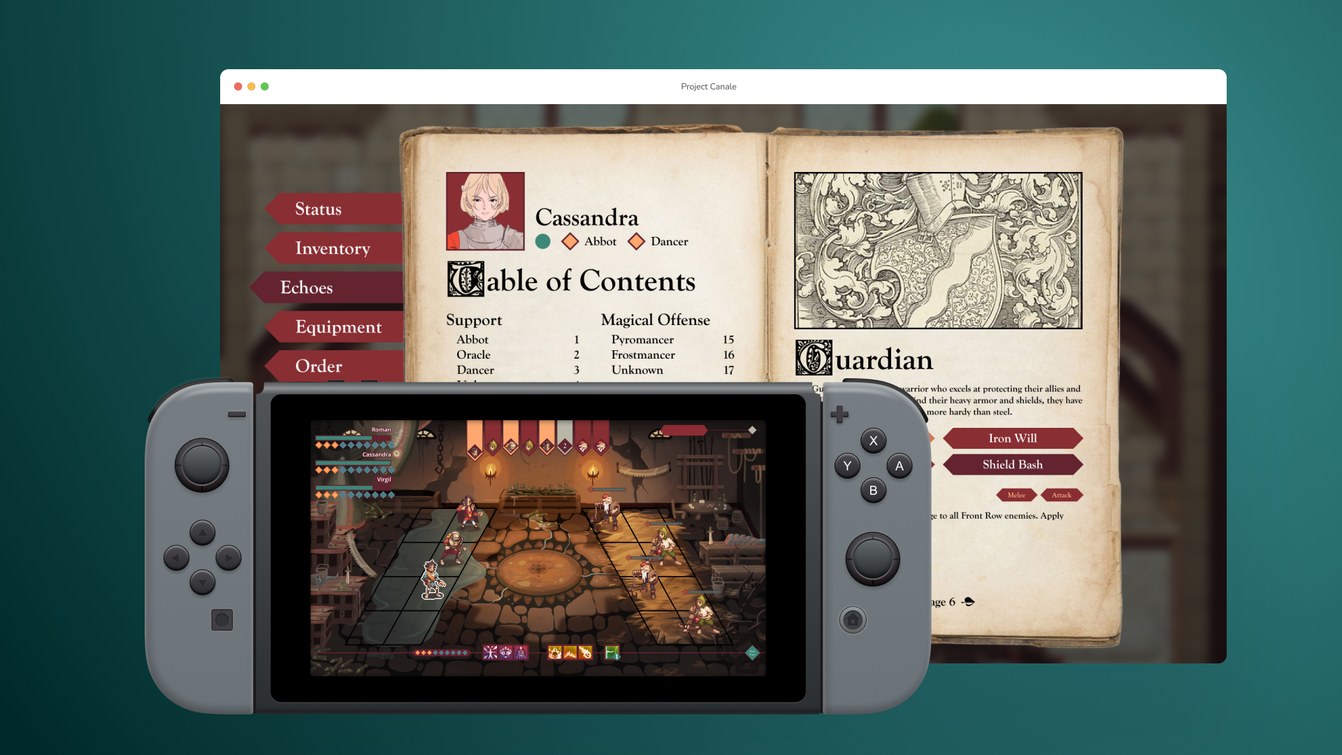 A desktop and Nintendo Switch mockup of the menu and battle screens for Project Canale