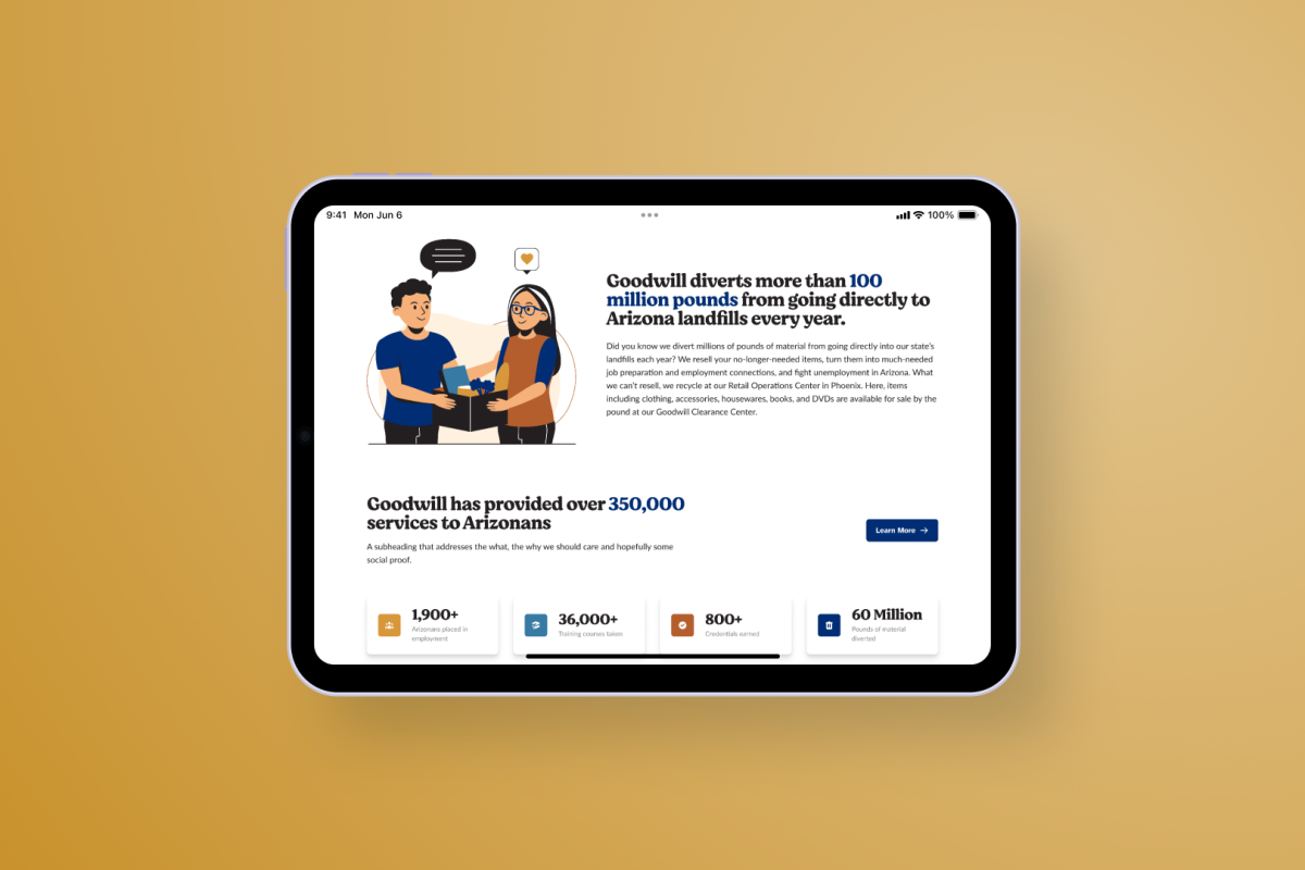 A tablet mockup of information on the home page of Goodwill AZ.