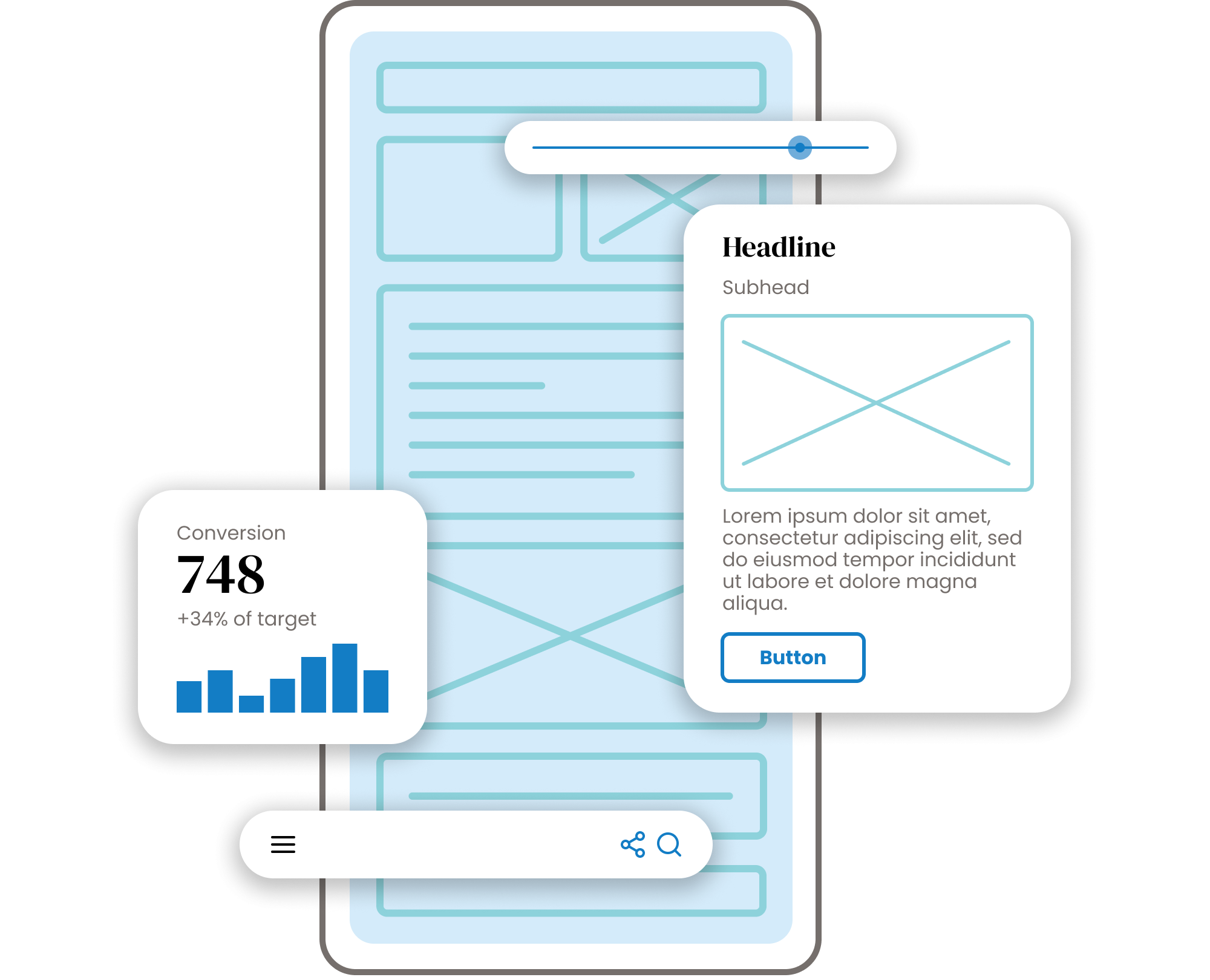 Stylized wireframe of a mobile device with pop-out sections detailing conversions, a menu, a text and image section, and a volume slider.